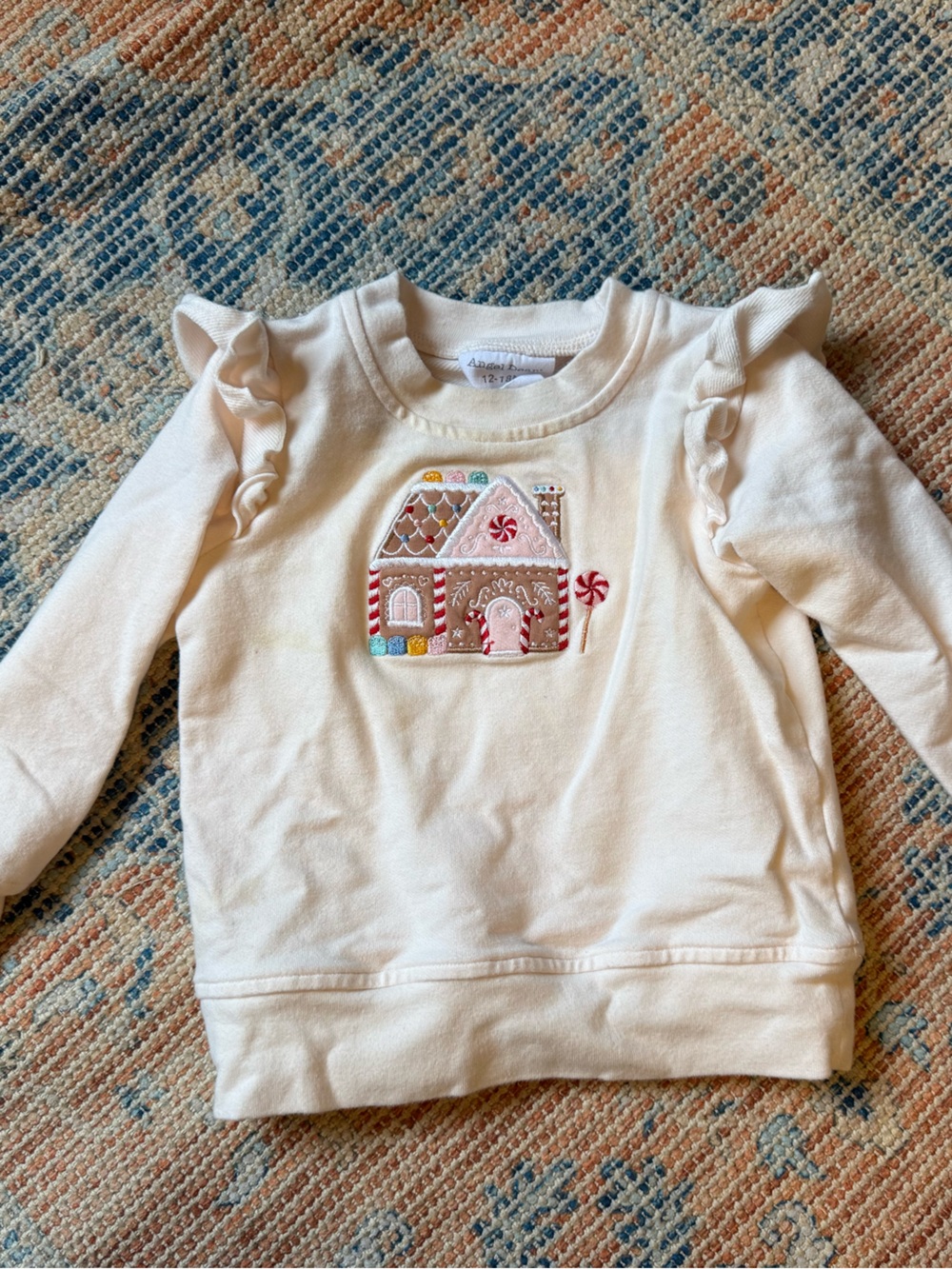 Cream Angel Dear Girls' Sweater Top with Gingerbread House Embroidery